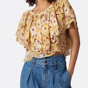 JOIE Size S Womens Larissa Floral Ruffle Silk Blouse Top Amber Gold